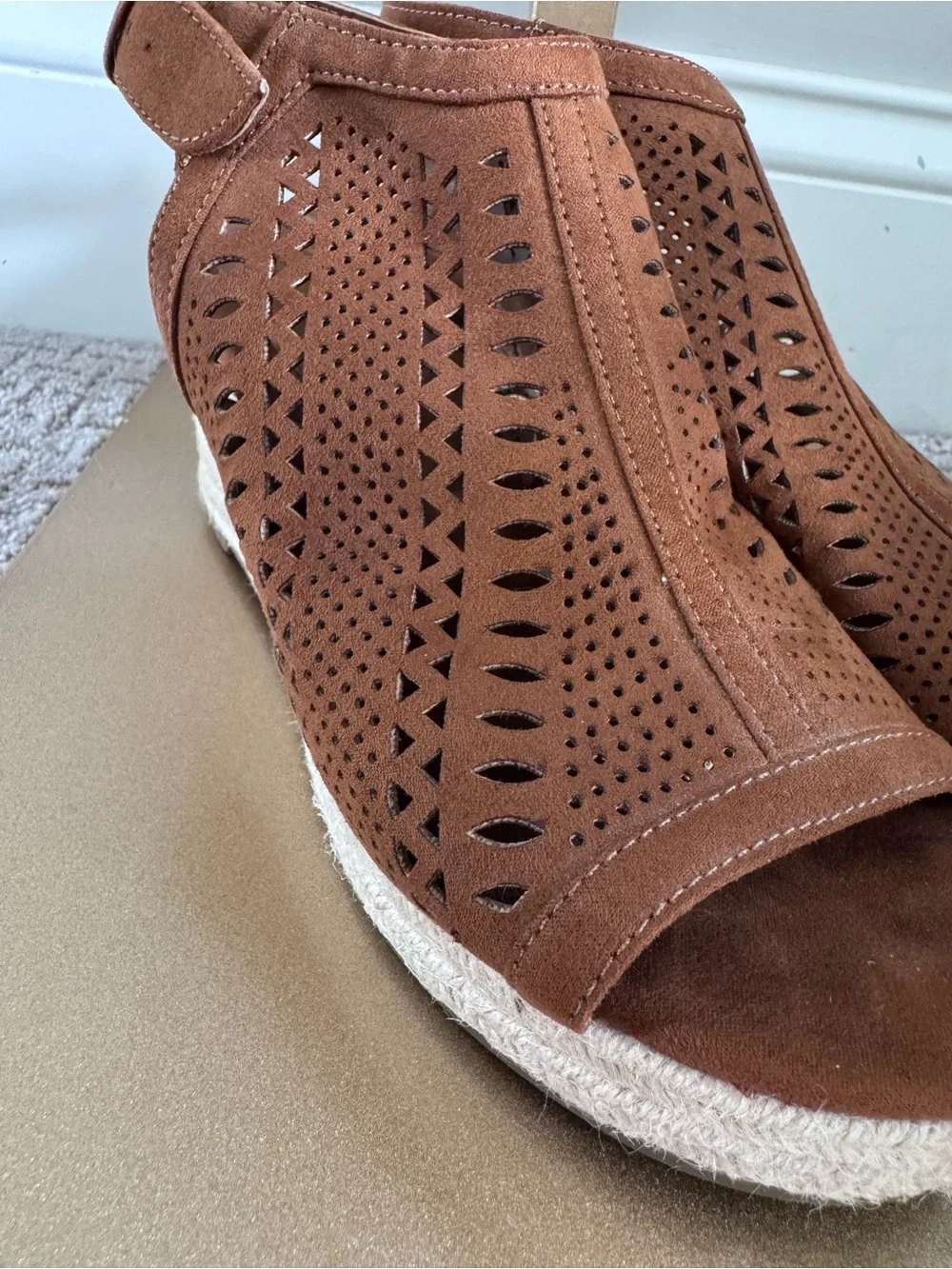 Liz Claiborne Brown Laser-Cut Peep-Toe Espadrille Wedges